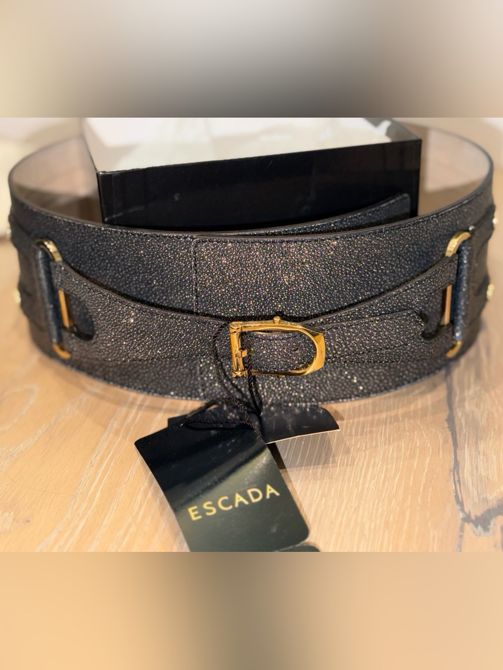 Escada NWT & Box Black Metallic Stingray Leather Belt with Gold Buckle